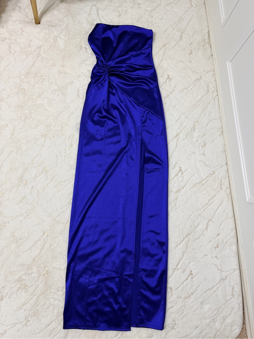 Fashion Nova Strapless Knot-Front High Slit Satin Gown - Cobalt Blue